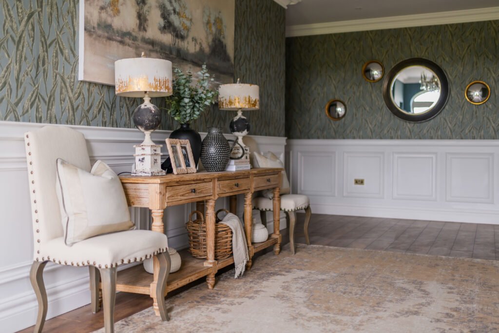 Console table with dual lamps, framed artwork and round wall mirror – Cloyne Farmhouse Part Two project, designed by AK Interior, Cork, Ireland.