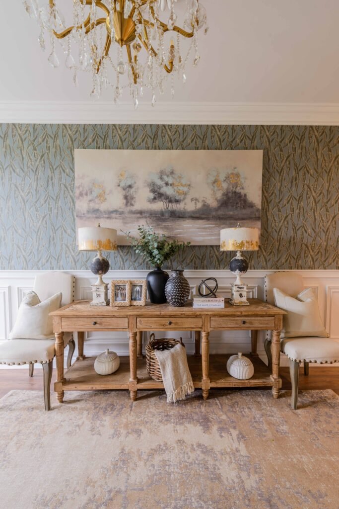 Close-up view of console table styling with upholstered chairs and textured rug – Cloyne Farmhouse Part Two project, designed by AK Interior, Cork, Ireland.
