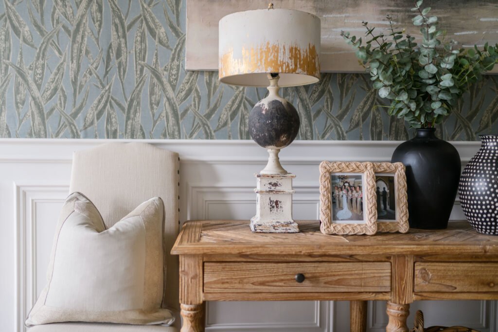 Close-up of ornate gold chandelier with crystal detailing – Cloyne Farmhouse Part Two project, designed by AK Interior, Cork, Ireland.