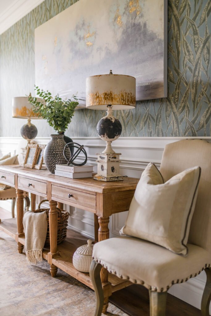 Wooden console with twin table lamps, landscape artwork and fresh greenery – Cloyne Farmhouse Part Two project, designed by AK Interior, Cork, Ireland.