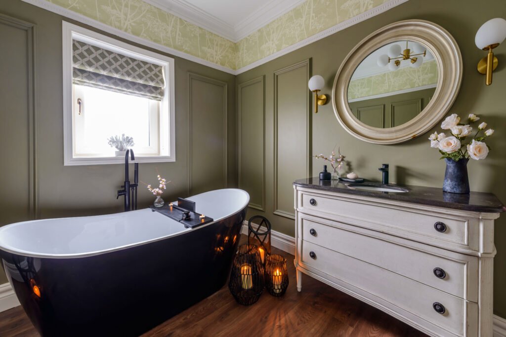 Luxurious bathroom with freestanding black bathtub and botanical green walls – Cloyne Farmhouse Part Two project, designed by AK Interior, Cork, Ireland.
