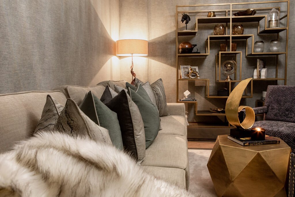 Living room corner with decorative cushions and a faux-fur throw – Blarney Residential, AK Interior, Cork
