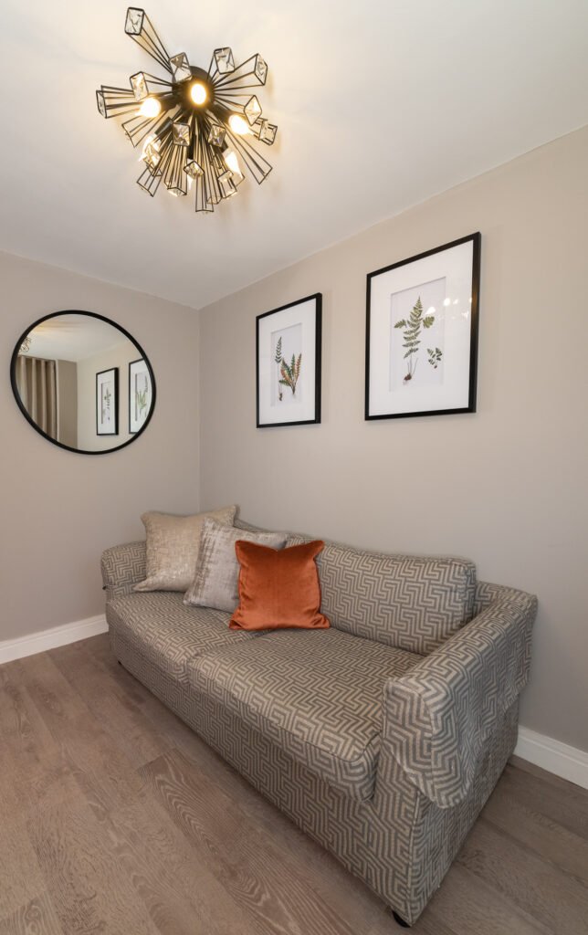Ceiling light fixture and three plant illustrations in frames above the sofa. West Cork Waterfront project by AK Interior, Cork, Ireland.