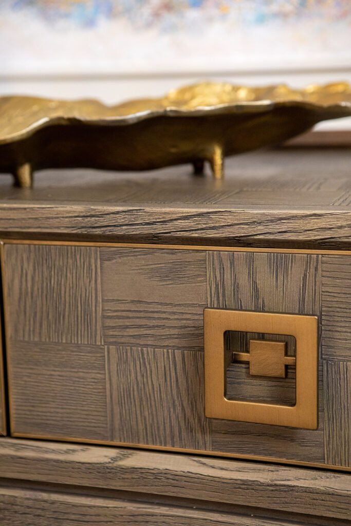 Drawer of a wooden cabinet with a square gold handle – Blarney Residential, AK Interior, Cork