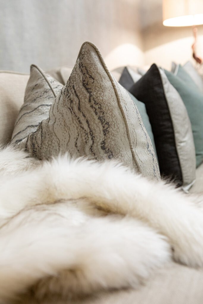 Decorative cushions and a white fur throw on the sofa – Blarney Residential, AK Interior, Cork