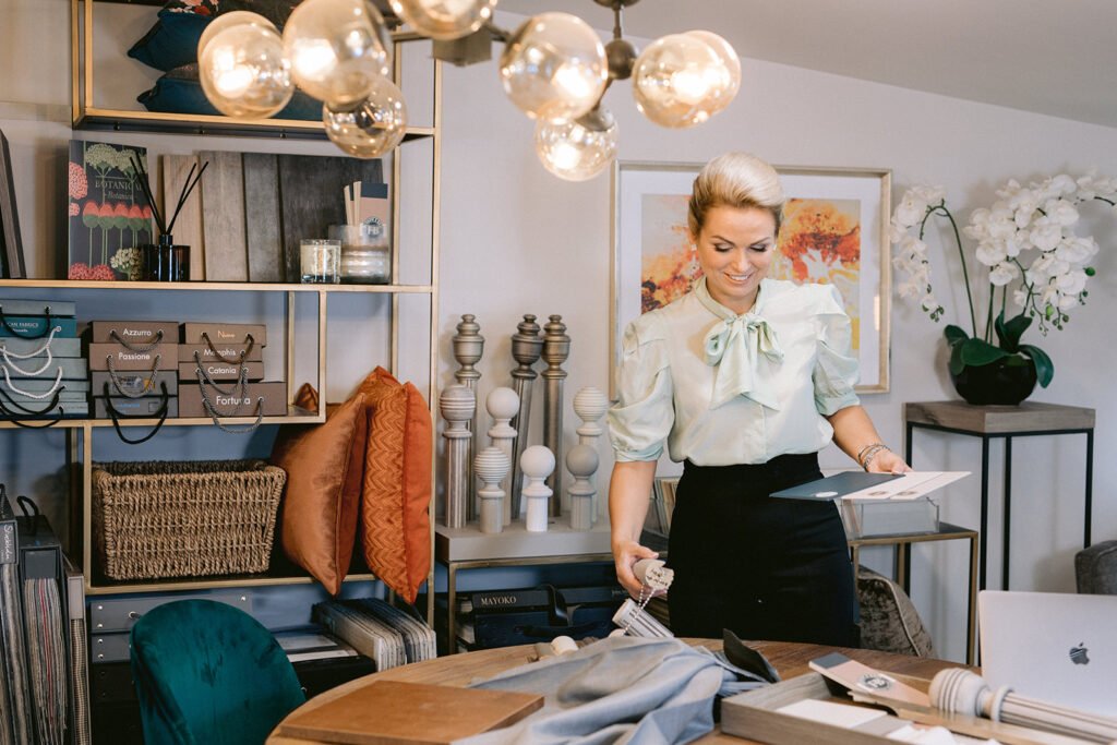 Interior design office with fabric samples, décor items and consultation setup | interior design services by AK Interior, Cork Ireland