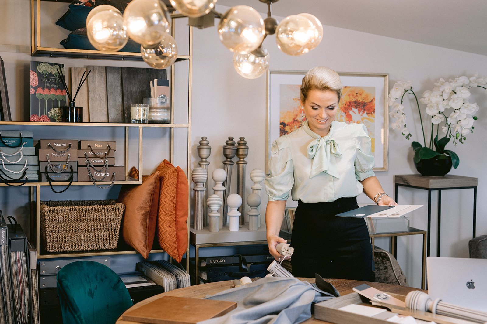 Interior design office with fabric samples, décor items and consultation setup | interior design services by AK Interior, Cork Ireland