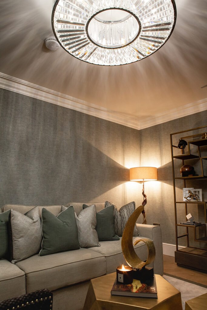 Ceiling glass light fixture above the sofa and decor – Blarney Residential, AK Interior, Cork