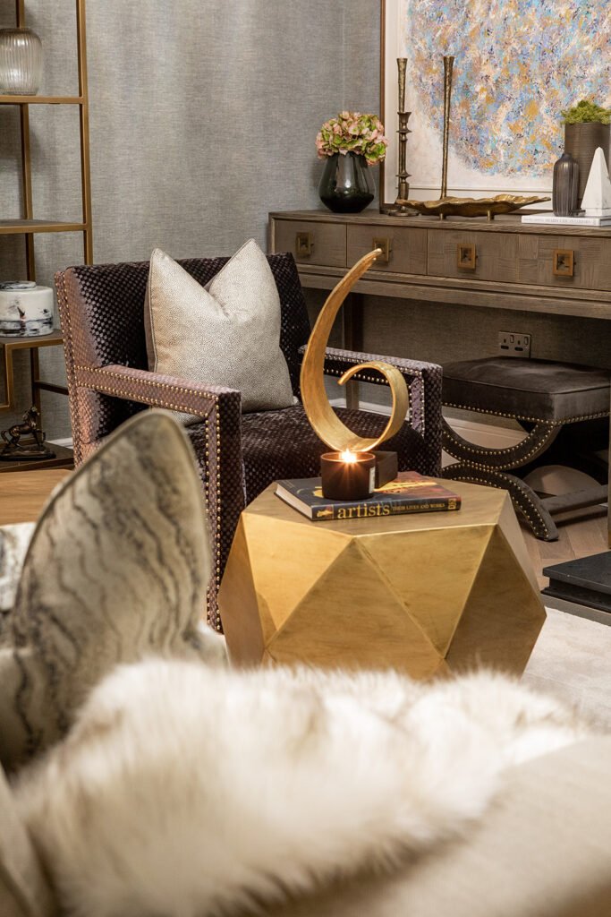 Armchairs and a golden geometric table in a modern living room – Blarney Residential, AK Interior, Cork