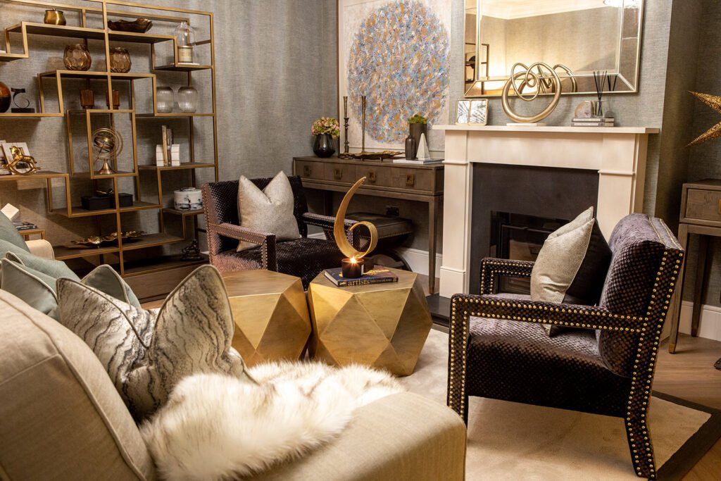 Living space with armchairs and metallic coffee tables – Blarney Residential, AK Interior, Cork