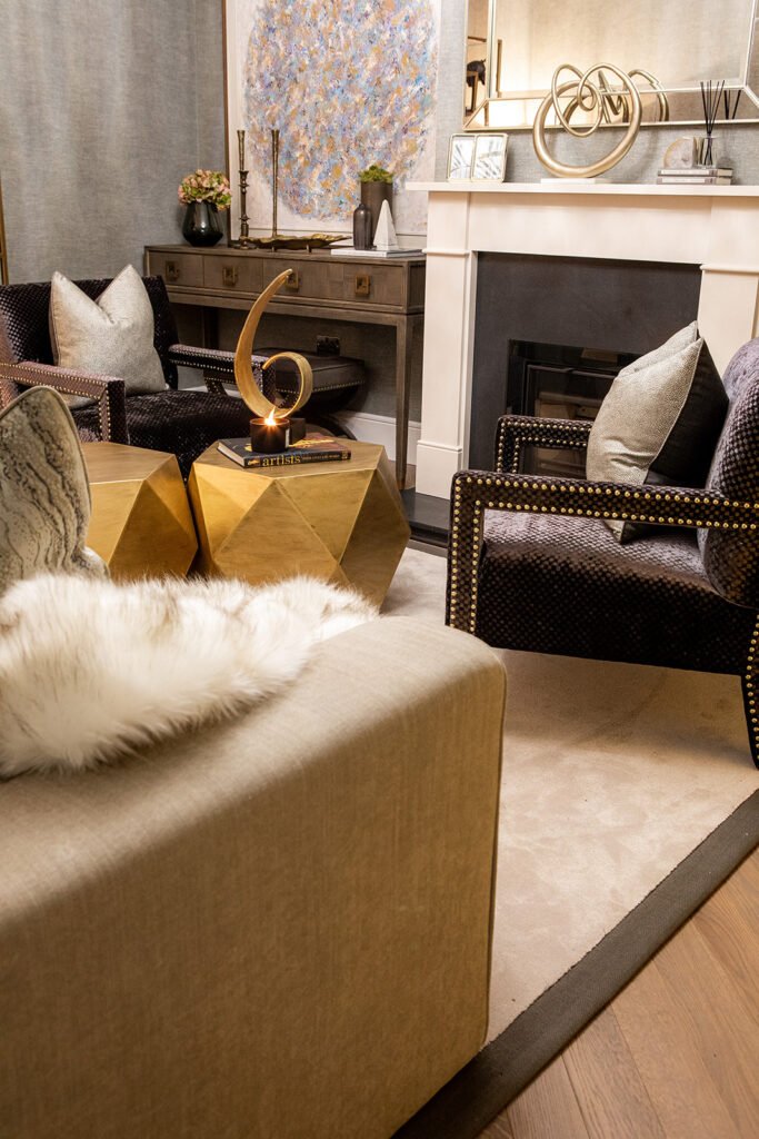 Golden hexagonal table with a decorative spiral sculpture – Blarney Residential, AK Interior, Cork