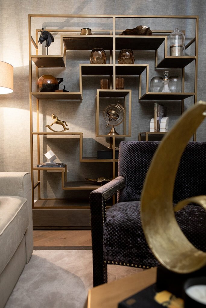 Interior shelving with golden accents and books – Blarney Residential, AK Interior, Cork