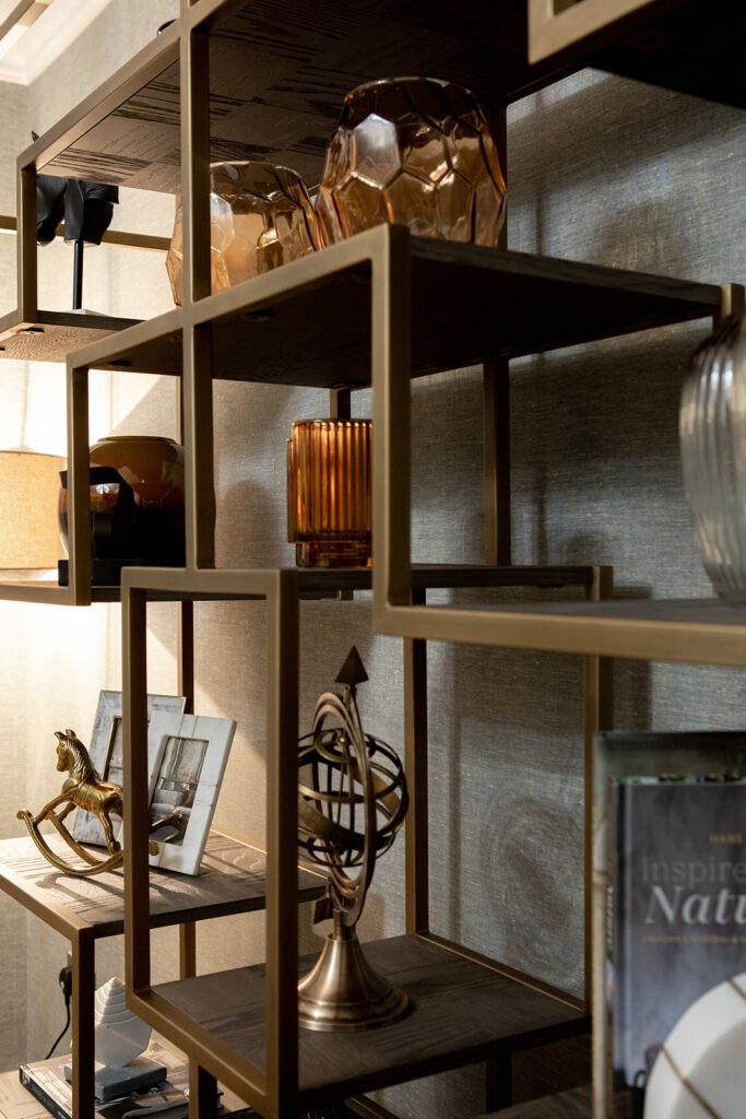 Shelves with interior accessories and gold-toned details – Blarney Residential, AK Interior, Cork