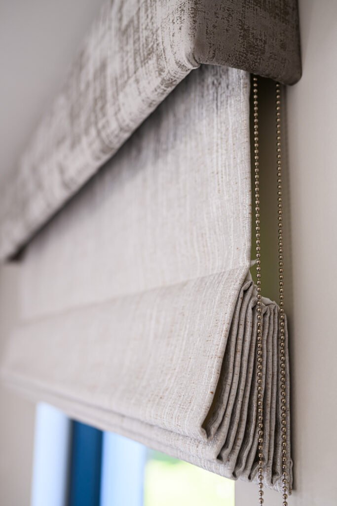 Detail of textured roman blind with tassel trim, Rathmore Residential project, AK Interior, Cork.