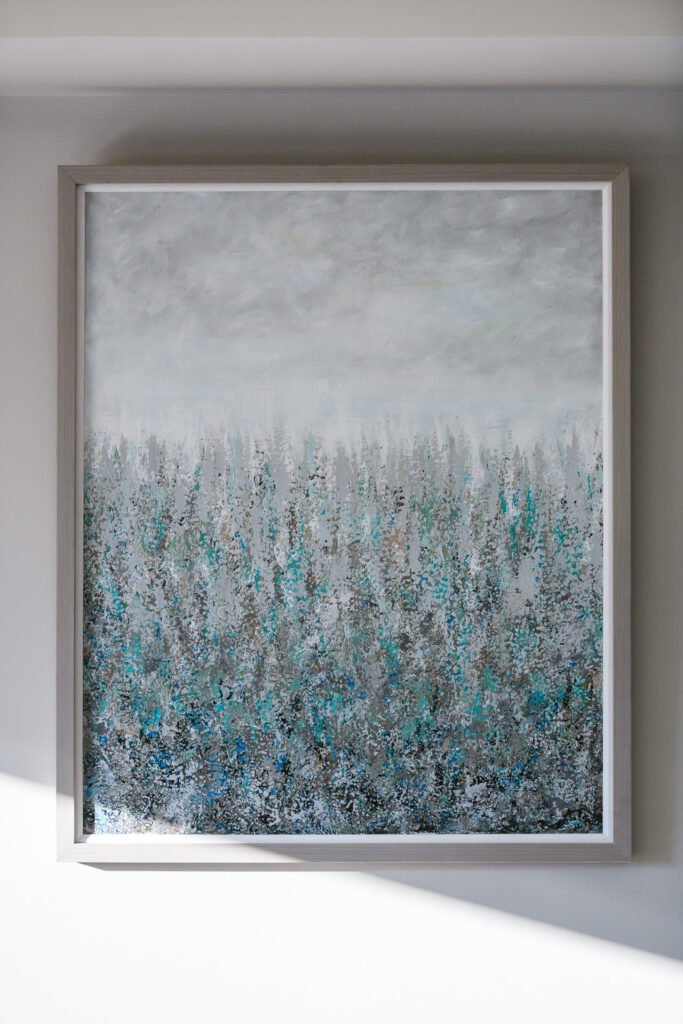Framed abstract landscape painting in soft teal and grey tones, Rathmore Residential project, AK Interior, Cork.