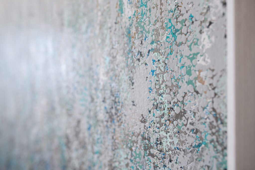Close-up texture of abstract artwork in teal and metallic shades, Rathmore Residential project, AK Interior, Cork.