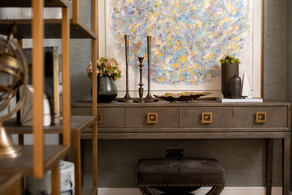 Decorative candle holders and tray accents on a wooden side table – Blarney Residential, AK Interior, Cork