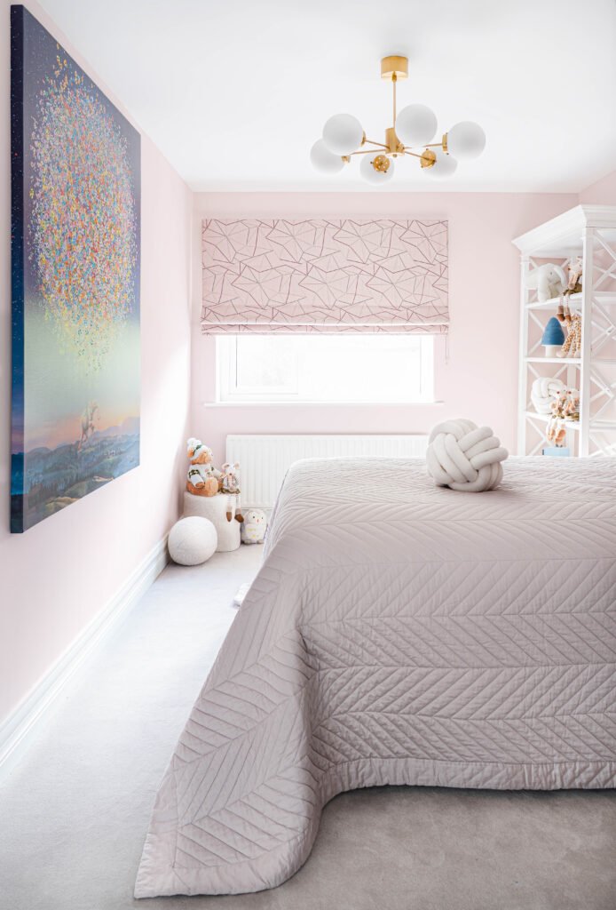 Children’s bedroom with soft grey bedding and patterned Roman blind – Douglas Part One project, designed by AK Interior, Cork, Ireland.