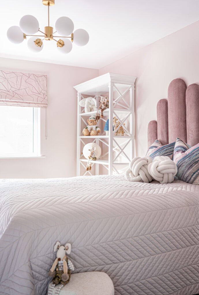 Children’s bedroom with blush upholstered headboard and soft pink walls – Douglas Part One project, designed by AK Interior, Cork, Ireland.