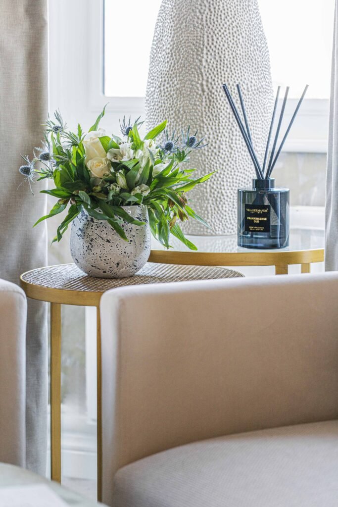 Side tables styled with ceramic vase, diffuser and layered curtains – Douglas Part One project, designed by AK Interior, Cork, Ireland.