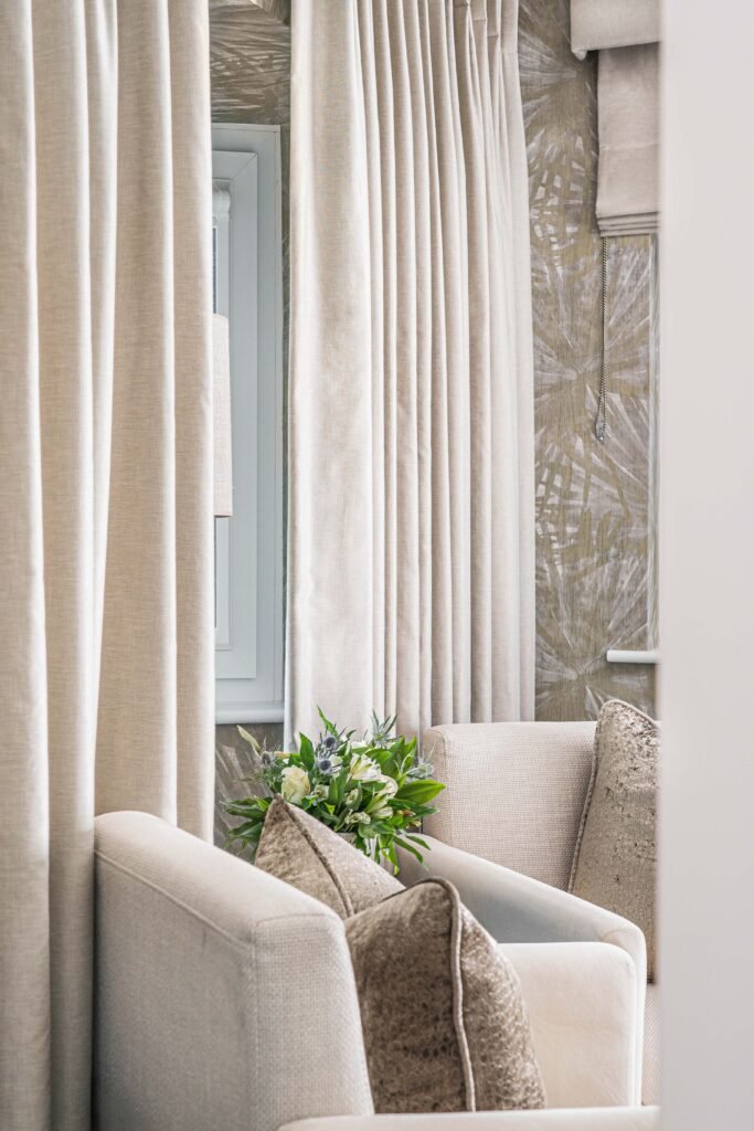Layered curtains with patterned accent wall behind – Douglas Part One project, designed by AK Interior, Cork, Ireland.