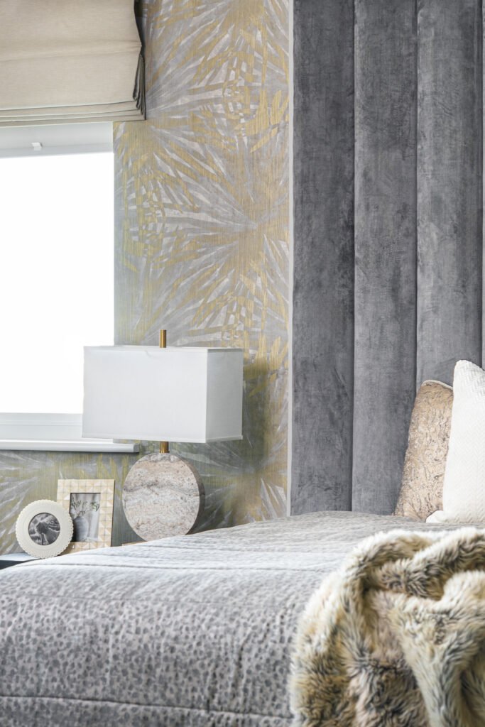 Bedroom bedside lamp with textured bedding in soft grey and beige tones – Douglas Part One project, designed by AK Interior, Cork, Ireland.