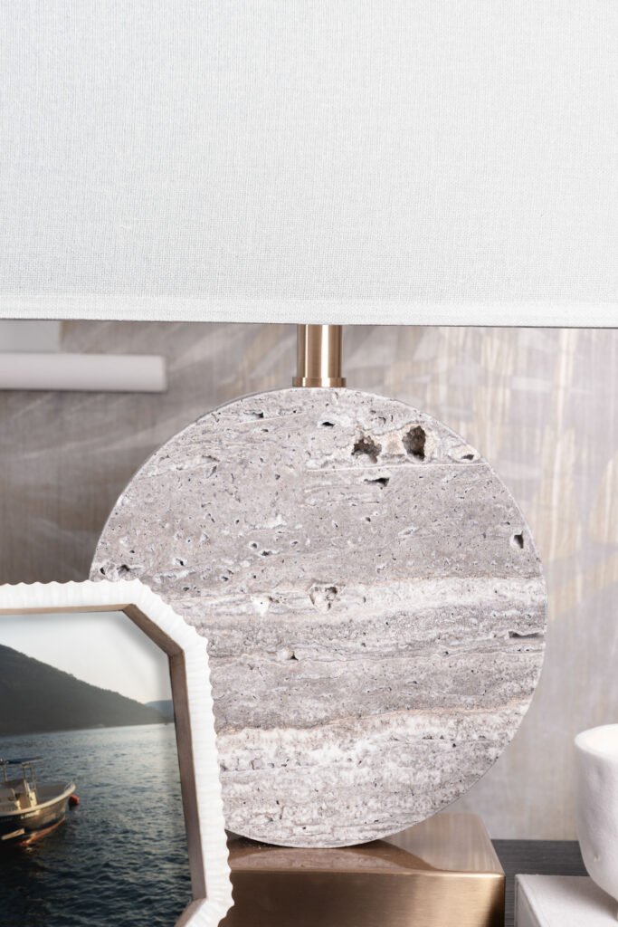 Close-up of stone-textured bedside lamp with brass detailing – Douglas Part One project, designed by AK Interior, Cork, Ireland.