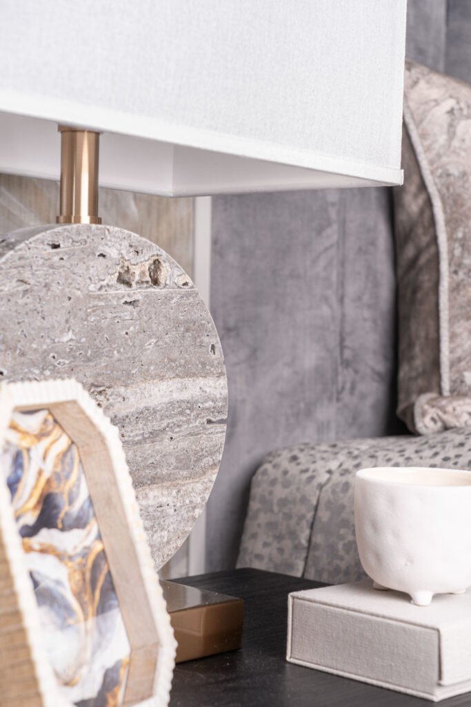 Bedside table styled with sculptural décor and ceramic lamp – Douglas Part One project, designed by AK Interior, Cork, Ireland.