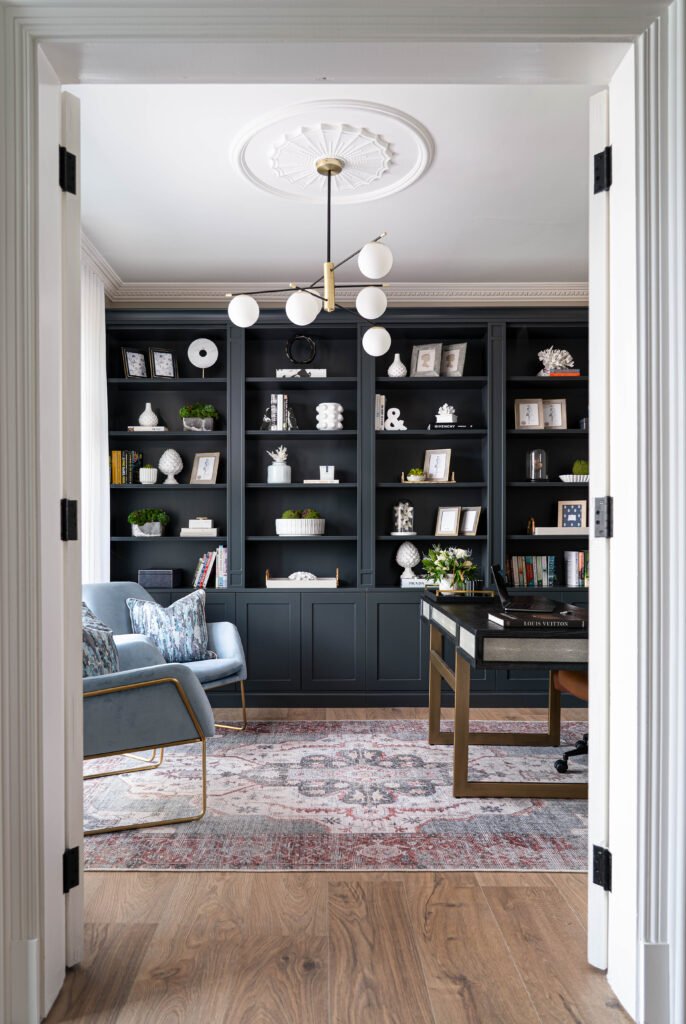 Entrance to the study with elegant dark built-in bookshelves – Douglas Part Two, AK Interior, Cork