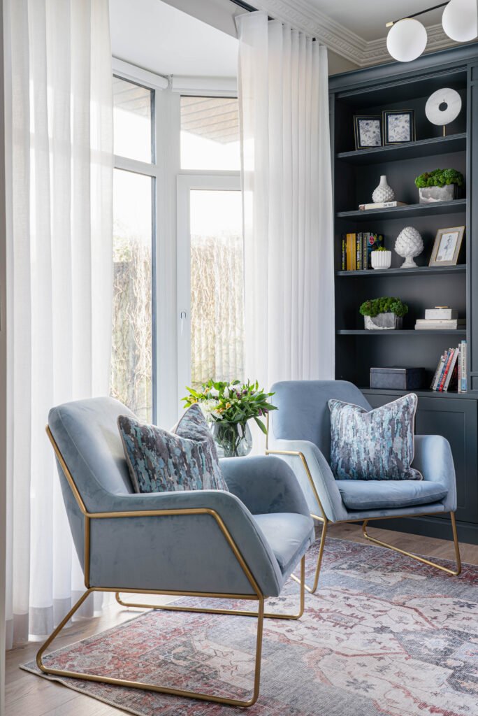 Seating area with velvet chairs and sheer curtains – Douglas Part Two, AK Interior, Cork