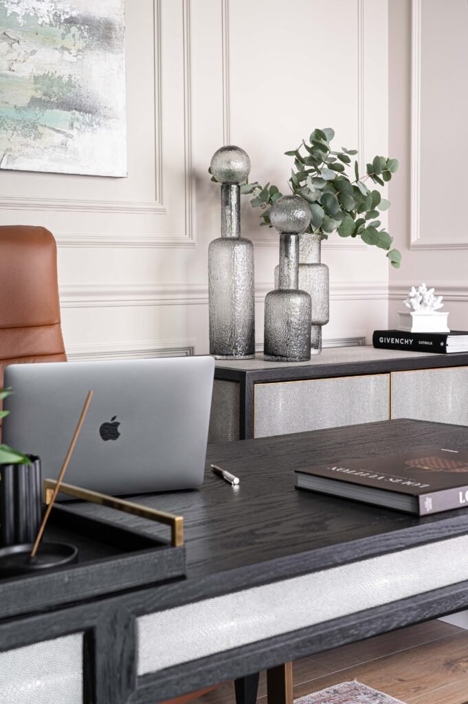 Contemporary workspace with a leather desk chair and decorative vases – Douglas Part Two, AK Interior, Cork