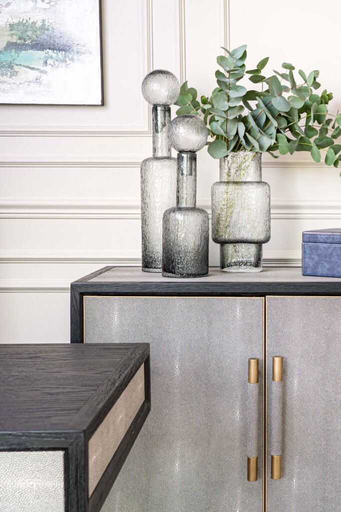 Textured decorative vases with eucalyptus on a console – Douglas Part Two, AK Interior, Cork