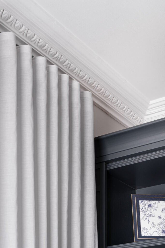 Close-up of grey curtains with decorative cornice detail – Douglas Part Two, AK Interior, Cork
