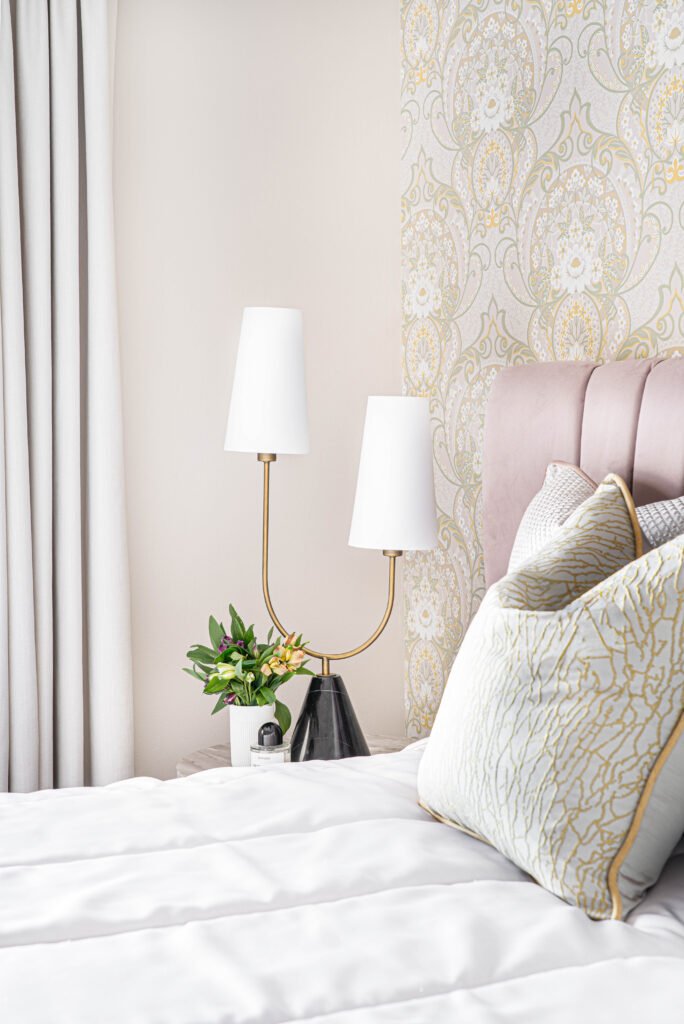 Bedroom bed with decorative pillows and tall bedside lamps – Douglas Part Two, AK Interior, Cork