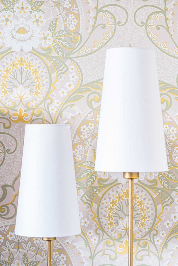 Two modern white lamps in front of patterned wallpaper – Douglas Part Two, AK Interior, Cork