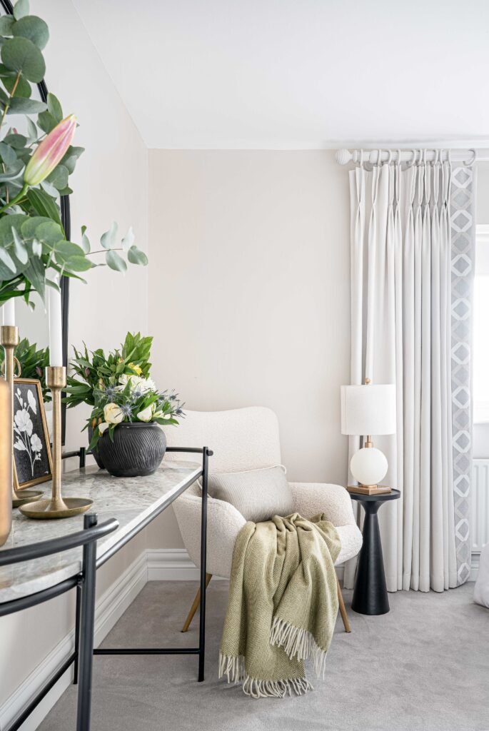 Bedroom corner with soft drapes and decorated console table – Douglas Part Two, AK Interior, Cork