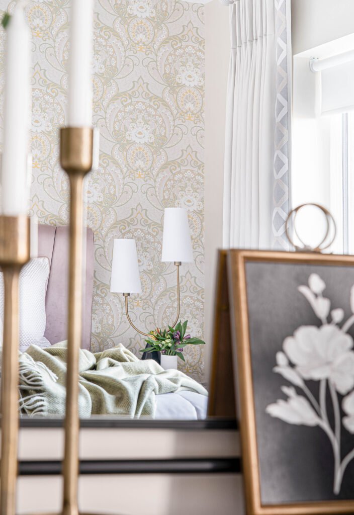 Bedroom bed with green throw, tall candlesticks and patterned wall – Douglas Part Two, AK Interior, Cork
