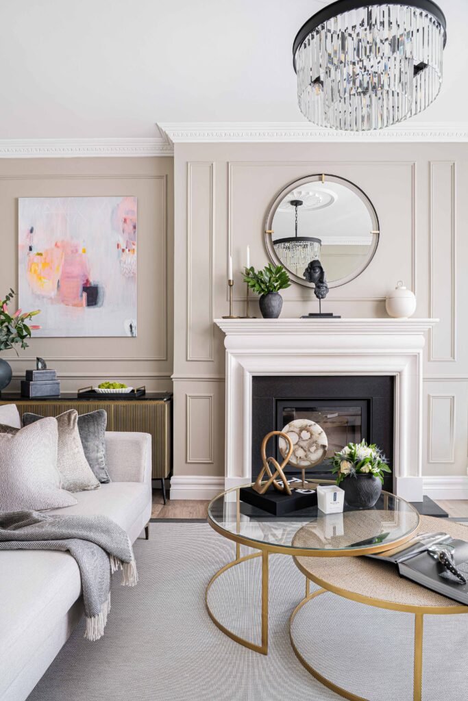 Full living room fireplace view with dual coffee tables – Douglas Part Two, AK Interior, Cork