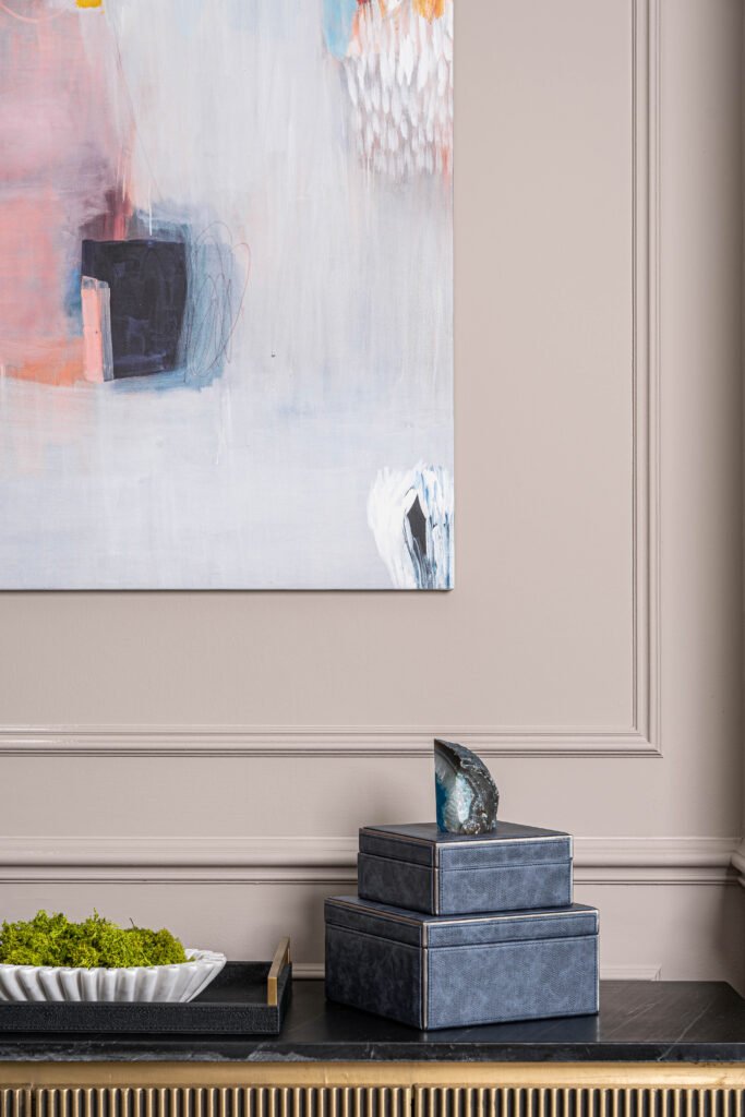 Decorative boxes and artwork displayed on a console – Douglas Part Two, AK Interior, Cork