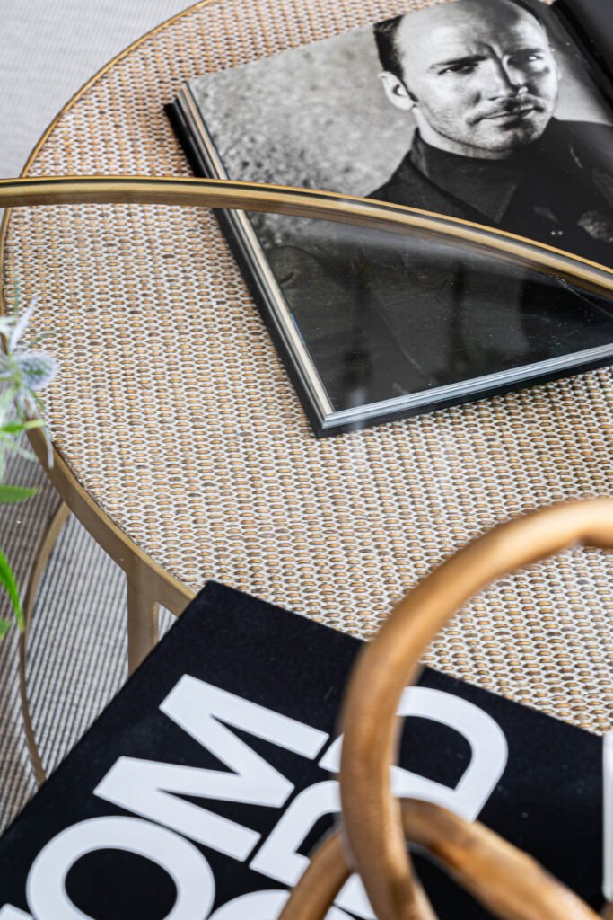 Glass coffee table with Tom Ford book and decorative accents – Douglas Part Two, AK Interior, Cork