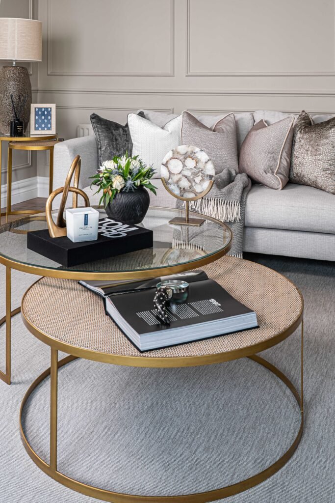 Pair of round coffee tables styled with books and modern decor – Douglas Part Two, AK Interior, Cork