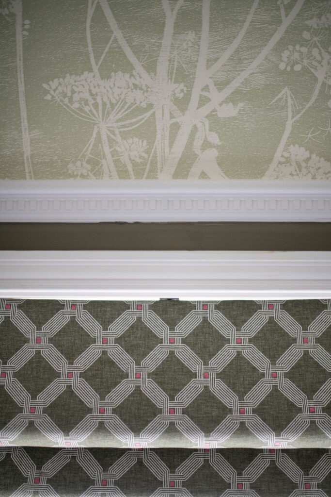 Patterned geometric wallpaper in soft green tones – Cloyne Farmhouse Part Two project, designed by AK Interior, Cork, Ireland.
