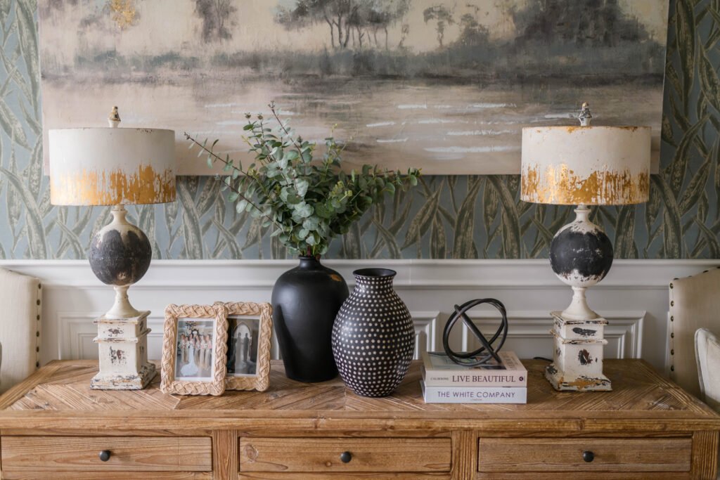 Textured table lamps with gold trim and decorative accessories – Cloyne Farmhouse Part Two project, designed by AK Interior, Cork, Ireland.