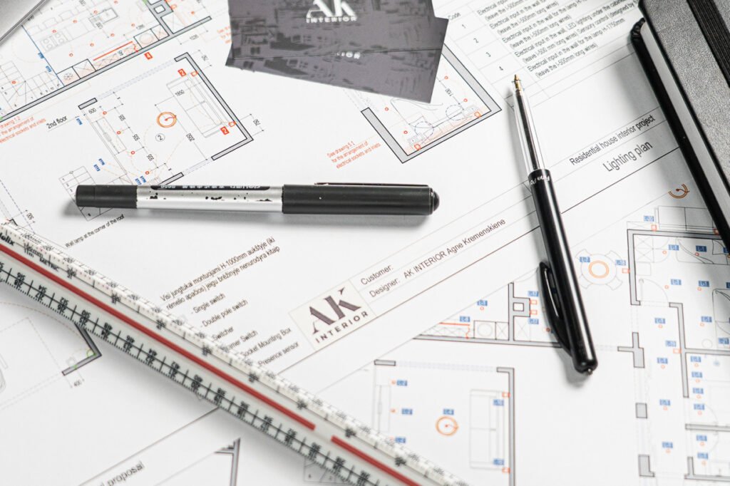 Electrical layout plans with measurement tools and AK Interior branding | interior design services by AK Interior, Cork Ireland
