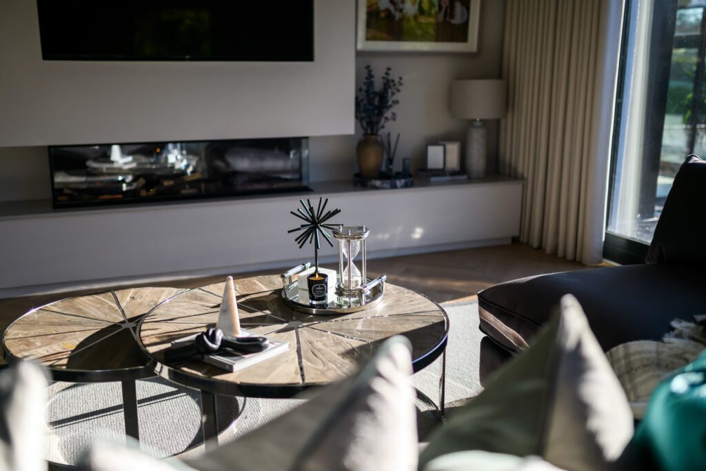Modern media wall with ribbon fireplace and low cabinet in living room, Rathmore Residential project, AK Interior, Cork.