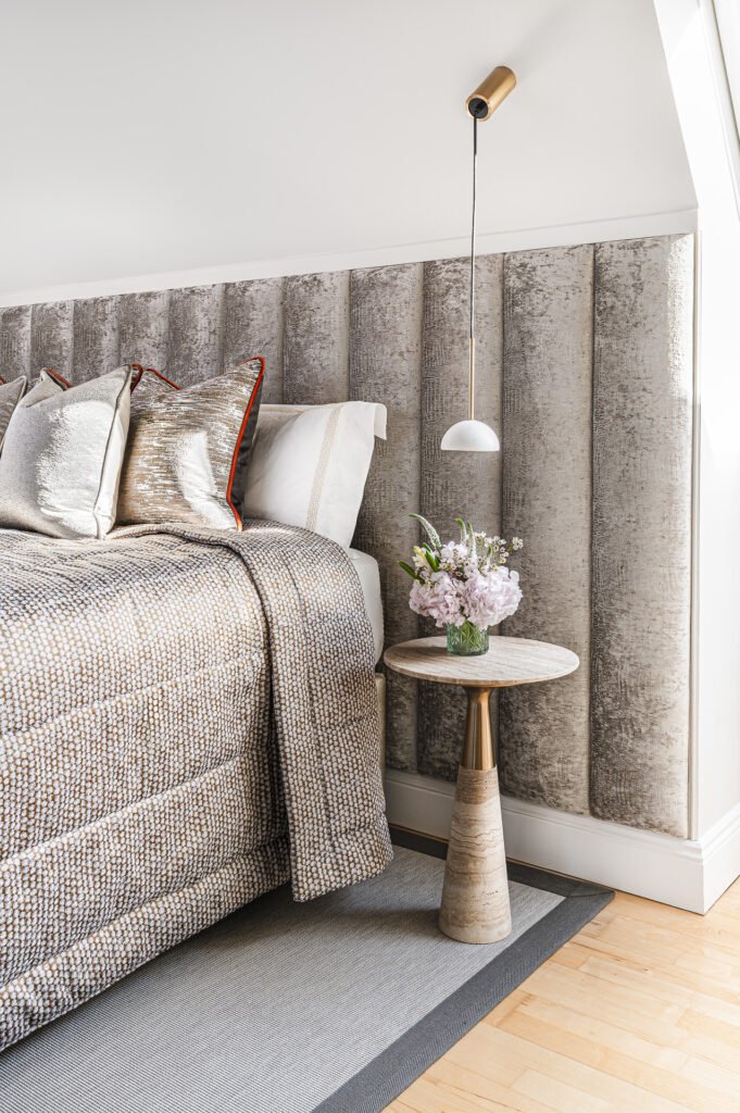 Bedroom bed with bedside table and hanging lamp – Moneygurney Road Part One, AK Interior