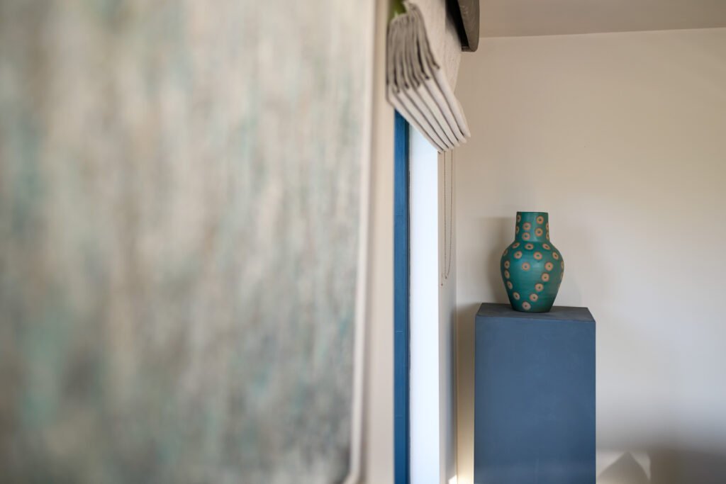 Oblique view of artwork and roman blind above garden window, Rathmore Residential project, AK Interior, Cork.
