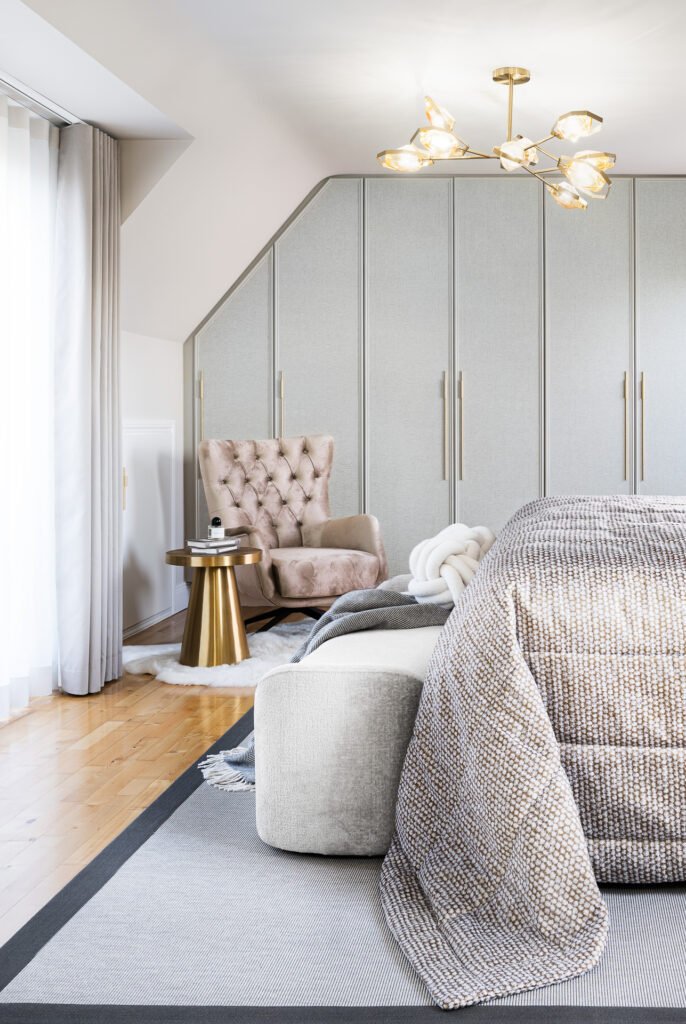 Gold ceiling light and built-in wardrobes – Moneygurney Road Part One, AK Interior