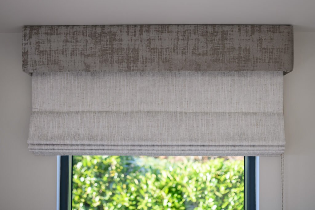 Neat roman blind framing leafy garden view, Rathmore Residential project, AK Interior, Cork.