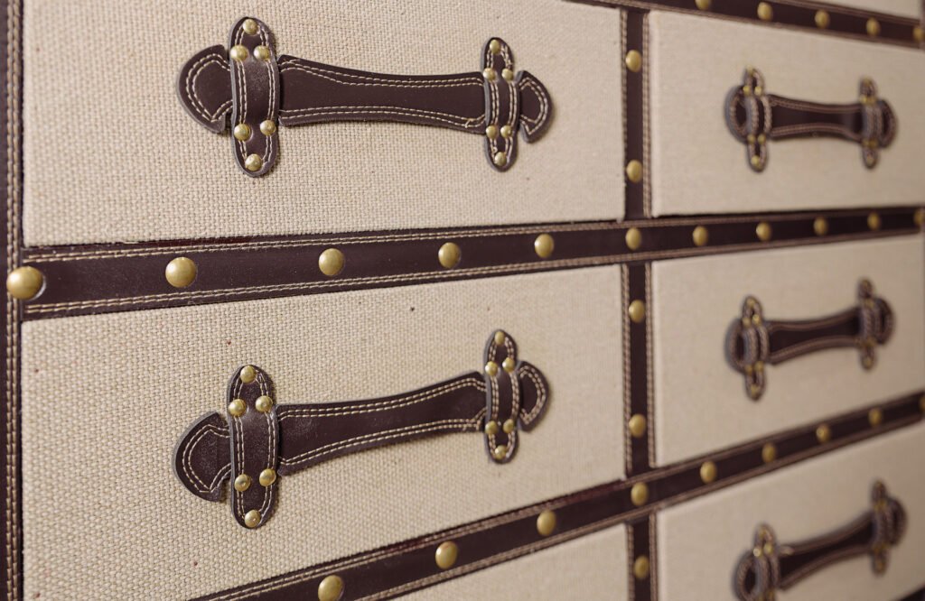 Textured dresser with leather handles and brass studs – Innishannon Showhouse by AK Interior, Cork Ireland.